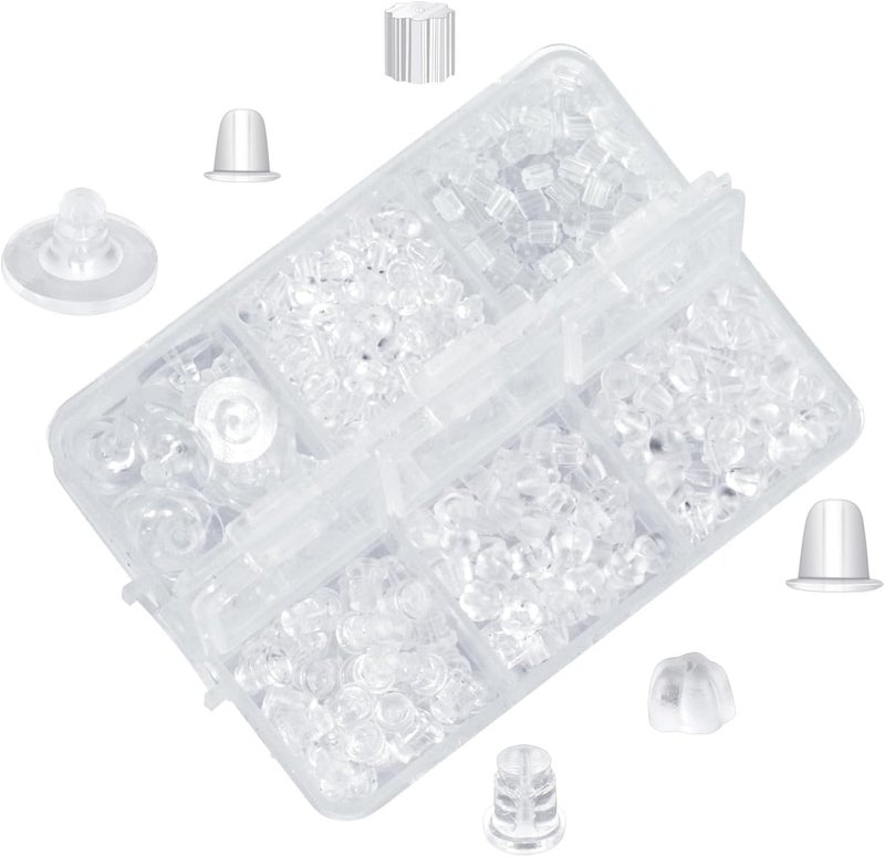 DSOMHZ 6 Styles Silicone Earring Backs for Studs/Droopy Ears/Heavy Earring, 600 Pcs Clear Soft Hypoallergenic Plastic Rubber Backs Replacements Backings Clutch Stoppers Kits - Image 1